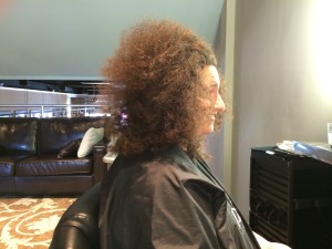 Side view of Veronica after she brushed out her hair to illustrate tat her hair needs its own zip code.