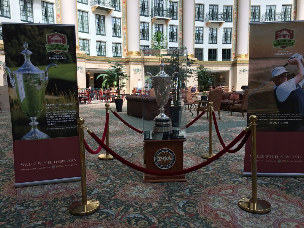 Display in the atrium of the French Lick Hotel announcing  the upcoming 76th annual Senior PGA Championship, that will be played at the hotel's famous Pete Dye Course for the very first time.